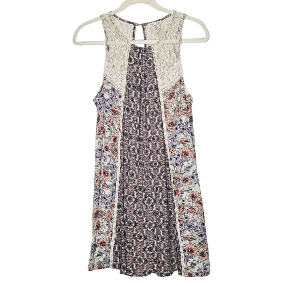 Clover‎ + Scout S Boho Floral Lace Panel Tunic size S Rayon Cotton Purple Cream